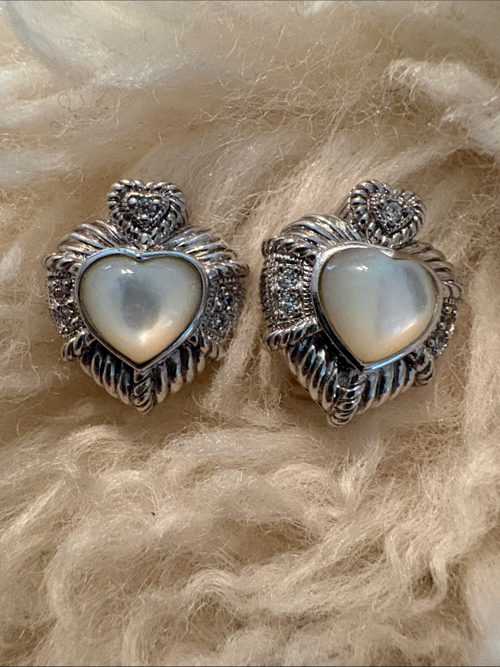 Judith Ripka Mother-of-Pearl Heart Clip Stud Earrings in Silver with CZ accents